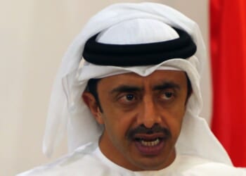 Emirati Foreign Minister Sheikh Abdullah bin Zayed al-Nahyan speaks during a news conference at the Foreign Ministry in Abu Dhabi on April 8, 2015.