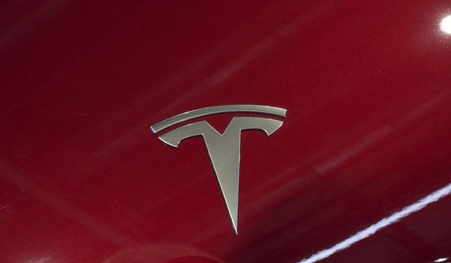 The logo of Tesla car is pictured at the Paris Auto Show, in Paris, Monday, Oct. 14, 2024. (AP Photo/Michel Euler)