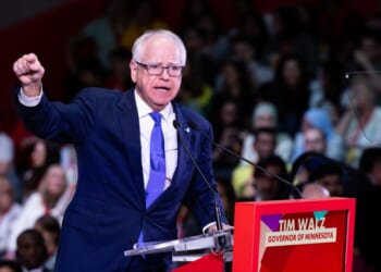 Minnesota Gov. Tim Walz speaks during the Global Progressive Mobilisation at Fira Barcelona on April 18, 2026, in Barcelona, Spain.