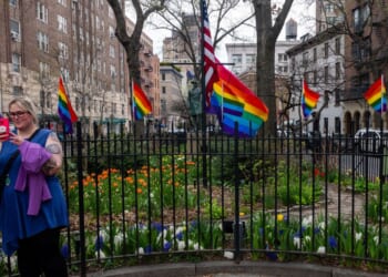 The rainbow flag flies at the Stonewall National Monument on April 13, 2026, in New York City.