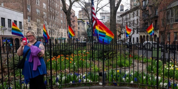 The rainbow flag flies at the Stonewall National Monument on April 13, 2026, in New York City.