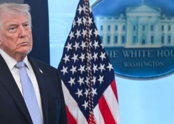 President Trump stands in the James S. Brady Press Room on April 6, 2026.
