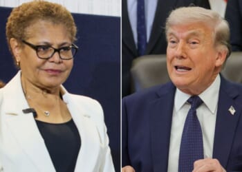 Los Angeles Mayor Karen Bass, left, met with President Donald Trump to ask for federal aid.