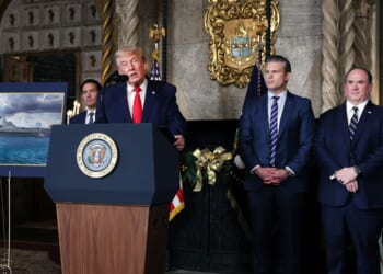 President Donald Trump, joined by Secretary of State Marco Rubio, Secretary of War Pete Hegseth, and Secretary of the Navy John Phelan, announced the creation of the “Trump-class” battleship during a statement to the media at Trump’s Mar-a-Lago estate on Dec. 22, 2025, in Palm Beach, Florida.