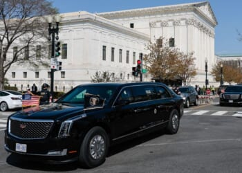 A motorcade carrying President Donald Trump departs the Supreme Court Wednesday after President Trump attended oral arguments in the birthright citizenship case.