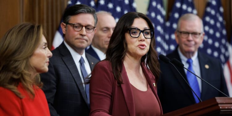Secretary of Labor Lori Chavez-DeRemer speaks alongside House Republican leadership at a news conference on Nov. 4, 2025, on Capitol Hill in Washington, D.C.