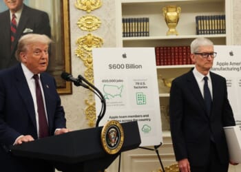 President Donald Trump speaks during an event with Apple CEO Tim Cook in the Oval Office of the White House on Aug. 6, 2025, in Washington, D.C.