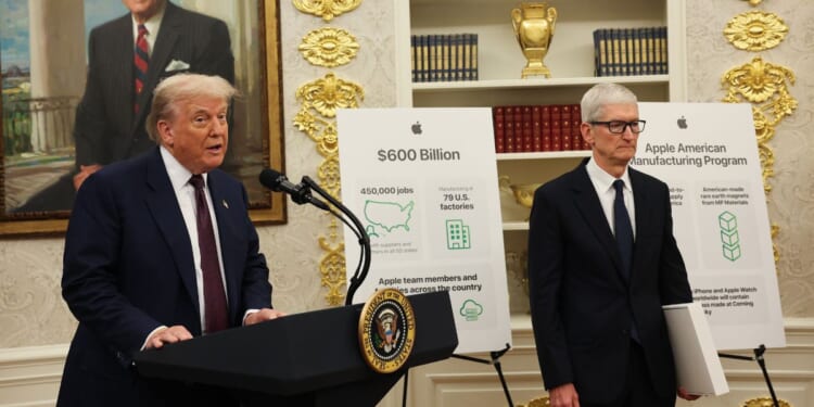 President Donald Trump speaks during an event with Apple CEO Tim Cook in the Oval Office of the White House on Aug. 6, 2025, in Washington, D.C.