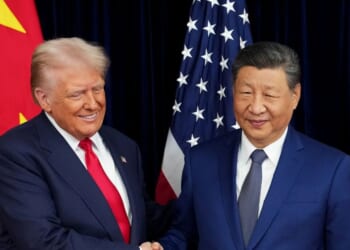 President Donald Trump greets Chinese President Xi Jinping ahead of a bilateral meeting at Gimhae Air Base on Oct. 30, 2025, in Busan, South Korea.