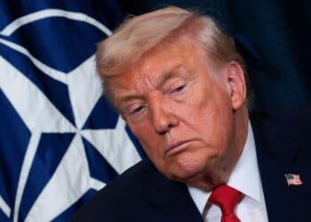 President Donald Trump attends a meeting with NATO Secretary General Mark Rutte at the World Economic Forum Annual Meeting on Jan. 21, 2026 in Davos, Switzerland.