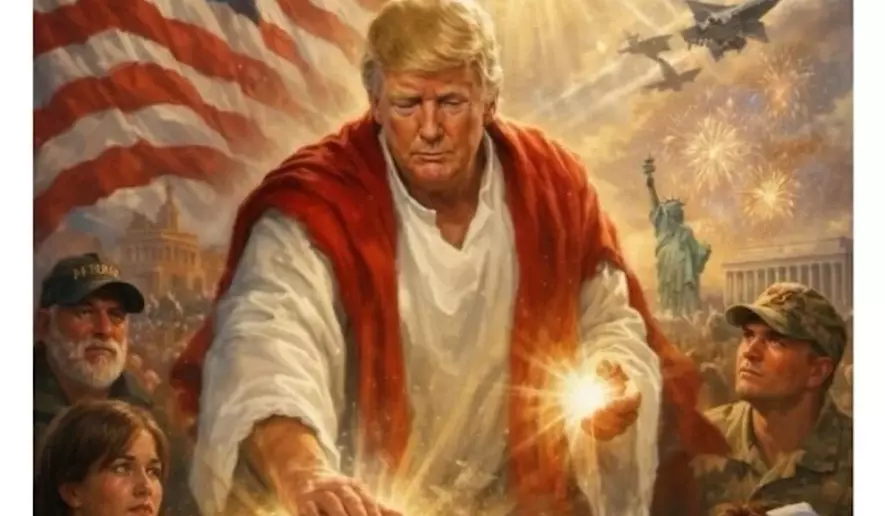 This AI-generated image posted — and later deleted — by President Trump on Truth Social shows him in the robes of Jesus Christ, healing a sick man while surrounded by eagles, soldiers and the American flag. The post drew swift condemnation from conservatives who called it "blasphemy."