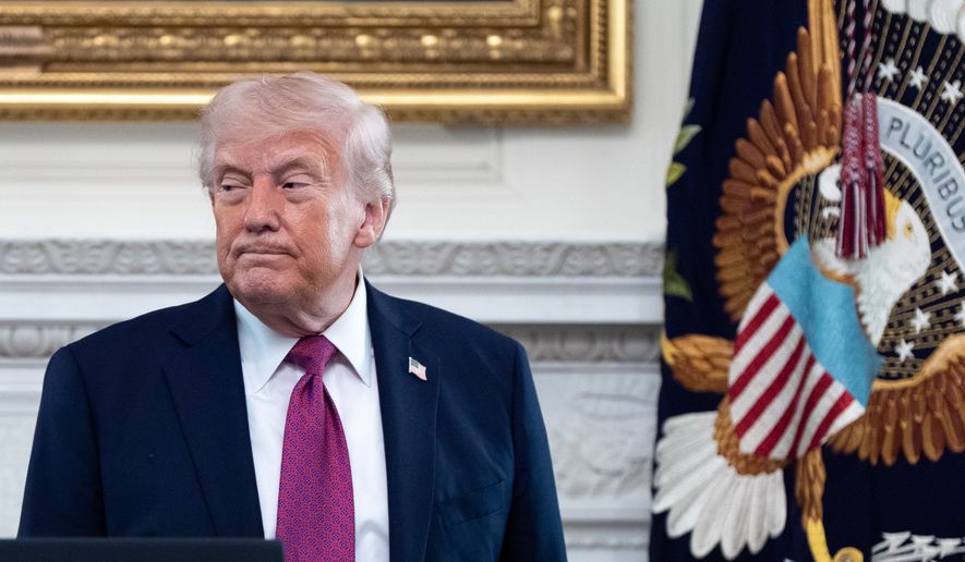 President Donald Trump departs after speaking at an event for NCAA national champions in the State Dining Room of the White House, Tuesday, April 21, 2026, in Washington. (AP Photo/Alex Brandon)