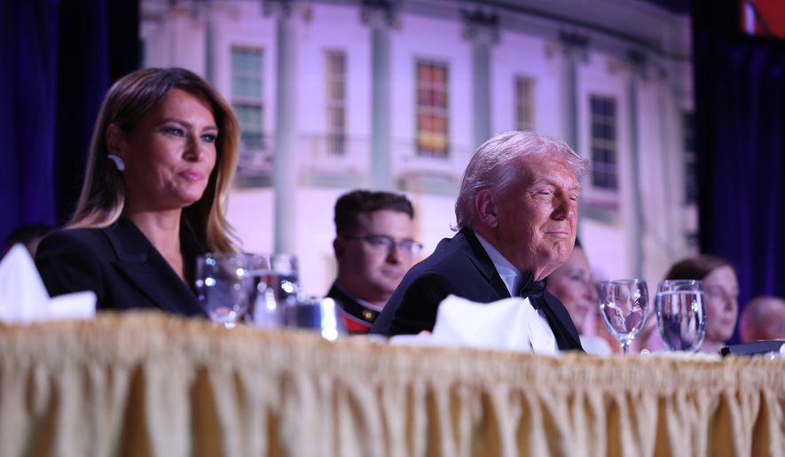 First lady Melania Trump and President Donald Trump attend the annual White House Correspondents Dinner at the Washington Hilton, Saturday, March 25, 2026, in Washington. (AP Photo/Tom Brenner)