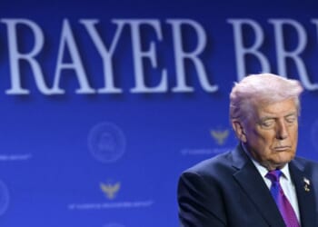 President Donald Trump bows his head in prayer during the National Prayer Breakfast at the Washington Hilton in Washington, D.C., on Feb. 5, 2026.