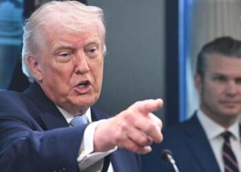 President Donald Trump, alongside Secretary of War Pete Hegseth, speaks about the conflict in Iran in the James S. Brady Press Briefing Room of the White House on April 6, 2026, in Washington, D.C.