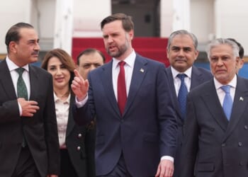 Vice President JD Vance walks alongside Pakistan Chief of Defence Forces and Chief of Army Staff Field Marshall Asim Munir, and Pakistani Deputy Prime Minister and Foreign Minister Mohammad Ishaq Dar just prior to negotiations with Iranian officials on April 11, 2026 in Islamabad, Pakistan.