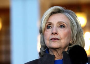 Former U.S. Secretary of State Hillary Clinton speaks to the press after testifying in a closed-door deposition with the House Oversight Committee on Feb. 26, 2026, in Chappaqua, New York.