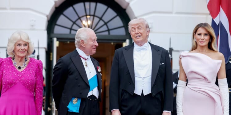 President Donald Trump and First Lady Melania Trump welcome Queen Camilla and King Charles III to the White House for a state dinner on April 28, 2026, in Washington, D.C.