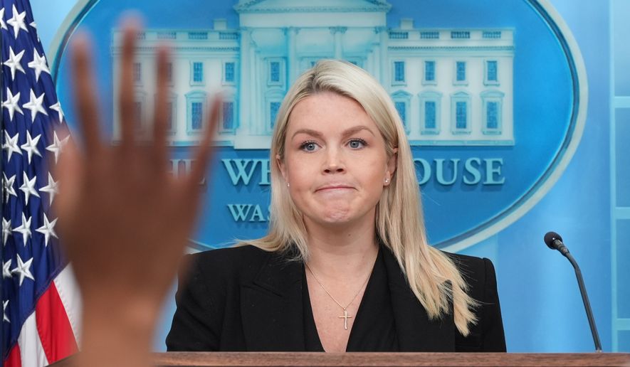 White House press secretary Karoline Leavitt speaks with reporters in the James Brady Press Briefing Room at the White House, Monday, April 27, 2026, in Washington. (AP Photo/Alex Brandon)