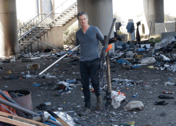 Governor Gavin Newsom picks up trash in an underpass.