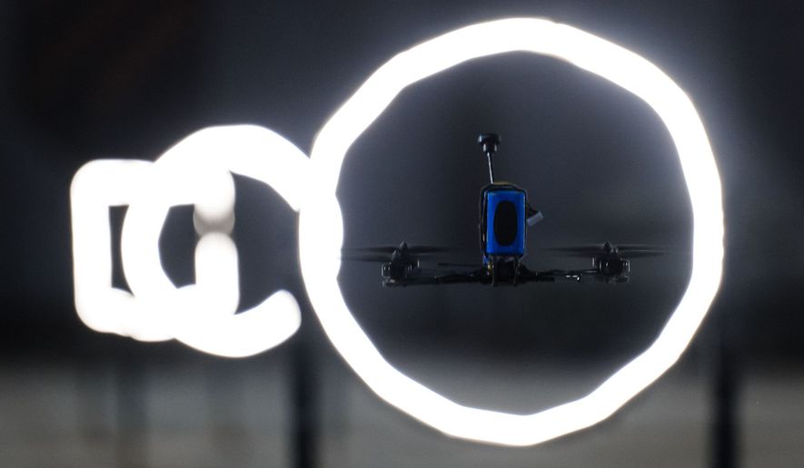 A FPV drone flies through the obstacle course at Killhouse. Guillaume Ptak / The Washington Times