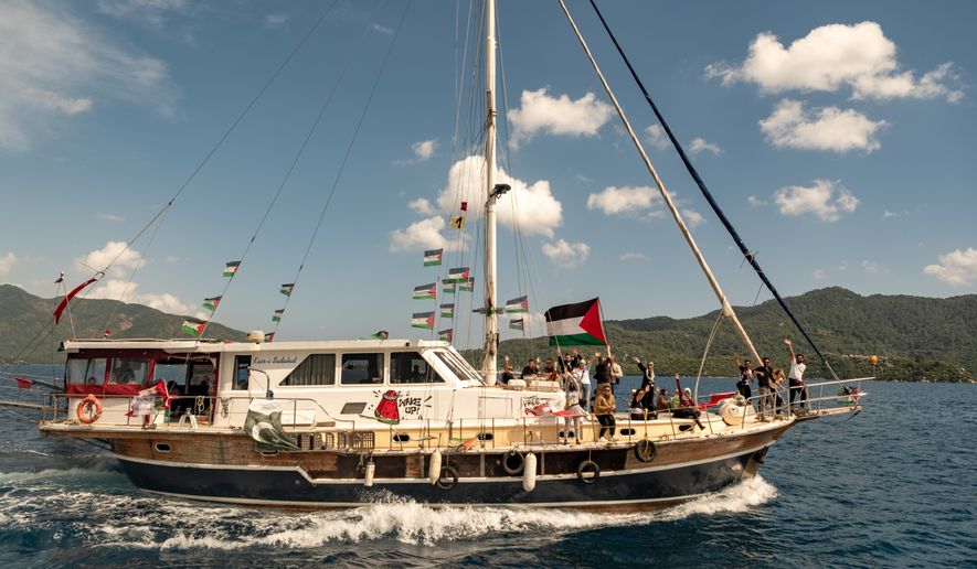 Boats belonging to the Global Sumud Flotilla, carrying activists and humanitarian aid, depart for Gaza from the port of Marmaris, Turkey, Thursday, May 14, 2026, in an attempt to break the Israeli naval blockade. (AP Photo/Murat Kocabas)