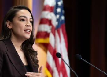 Rep. Alexandria Ocasio-Cortez speaks at a press conference to announce the Artificial Intelligence Data Center Moratorium Act at the U.S. Capitol on March 25, 2026, in Washington, D.C.