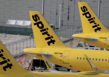 Spirit Airlines planes are parked on the tarmac at the Fort Lauderdale-Hollywood International Airport on May 2, 2026, in Fort Lauderdale, Florida.