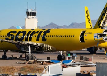 A partially deconstructed Spirit Airlines plane sits at the Phoenix Goodyear Airport in Goodyear, Arizona, on May 8, 2026.
