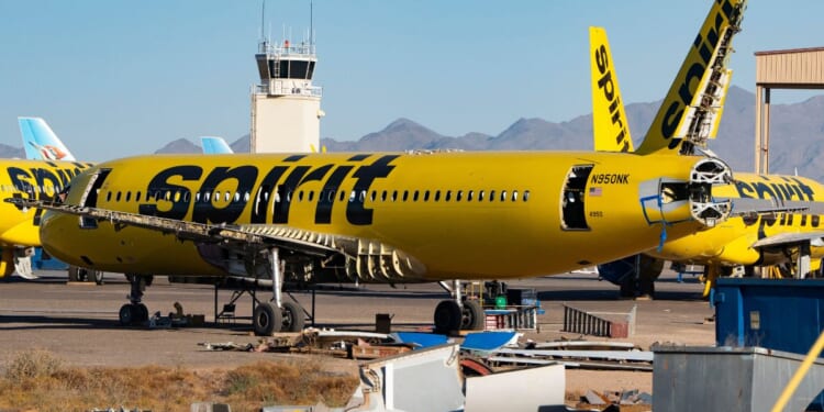 A partially deconstructed Spirit Airlines plane sits at the Phoenix Goodyear Airport in Goodyear, Arizona, on May 8, 2026.