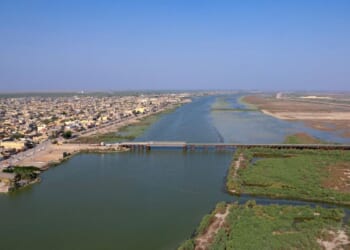 An aerial photograph shows the al-Chibayish marshes following recent rains, and the town of Al-Chibayish close to the Euphrates River in Dhi Qar governorate, southern Iraq, on May 2, 2026.