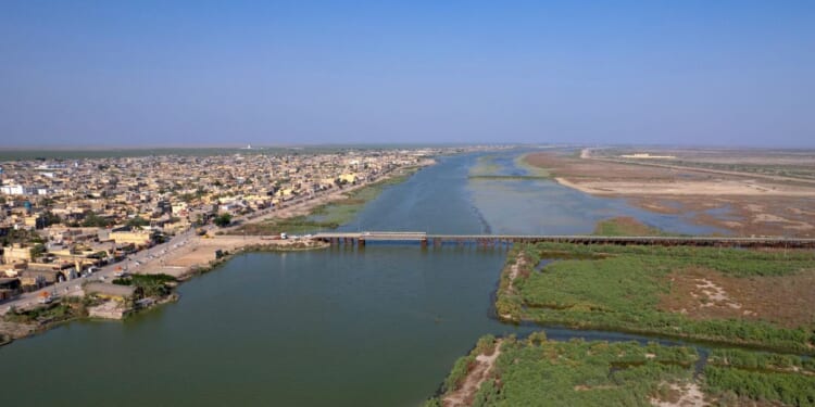 An aerial photograph shows the al-Chibayish marshes following recent rains, and the town of Al-Chibayish close to the Euphrates River in Dhi Qar governorate, southern Iraq, on May 2, 2026.