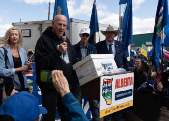 Alberta separatist Mitch Sylvestre leads a rally.