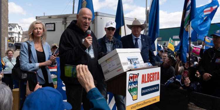 Alberta separatist Mitch Sylvestre leads a rally.