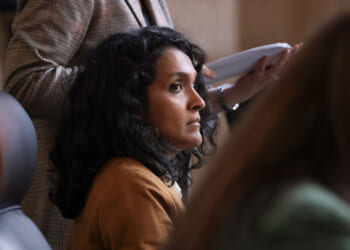 LA Councilmember Nithya Raman sits for a city council meeting where among the topics discussed was a sunset policy that requires municipal employees to be vaccinated from COVID-19 inside the Council Chambers on Tuesday, June 11, 2024 in Los Angeles, CA. (Photo by Dania Maxwell/Los Angeles Times via Getty Images)