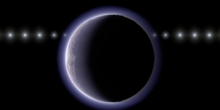 This image provided by NAOJ shows artist’s impression of the trans-Neptunian object 2002 XV93 occulting a background star. Observations of a stellar occultation in January 2024 revealed gradual fading and recovery of the starlight, providing evidence for a very thin atmosphere around the object.