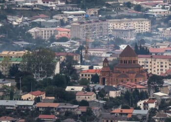 The Holy Mother of God Cathedral stands in the middle of Stepanakert, Azerbaijan, on Sept. 23, 2023.