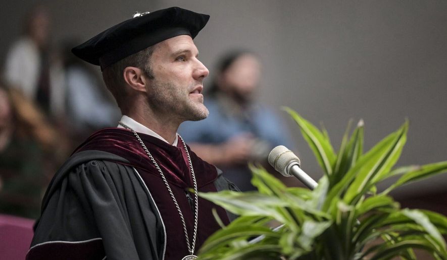 University of Montana President Seth Bodnar speaks during spring commencement at the Adams Center in Missoula, Mont., on May 10, 2025. (Ben Allan Smith/The Missoulian via AP, File)