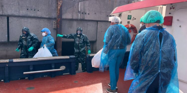 Passengers dressed in masks, plastic suits, and head coverings are escorted off the hantavirus-stricken cruise ship MV Hondius Sunday at the port of Granadilla in Tenerife, Canary Islands, Spain.