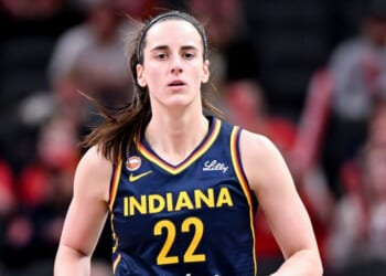 Caitlin Clark of the Indiana Fever reacts against the Nigeria National Team during the first half at Gainbridge Fieldhouse on May 2, 2026, in Indianapolis, Indiana.