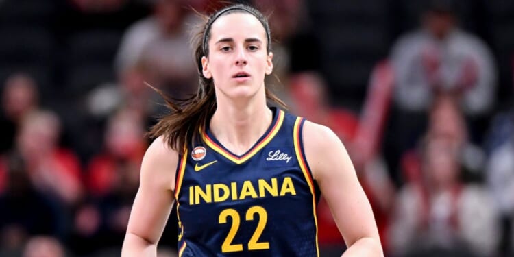 Caitlin Clark of the Indiana Fever reacts against the Nigeria National Team during the first half at Gainbridge Fieldhouse on May 2, 2026, in Indianapolis, Indiana.
