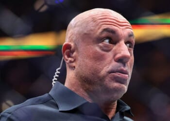 Joe Rogan reacts after a middleweight title bout between Dricus du Plessis of South Africa and Khamzat Chimaev of the United Arab Emirates in UFC 319 at the United Center on Aug. 16, 2025, in Chicago, Illinois.