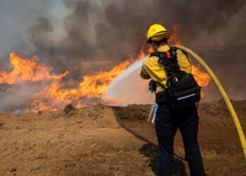 A firefighter points a fire hose towards brush that is caught on fire.