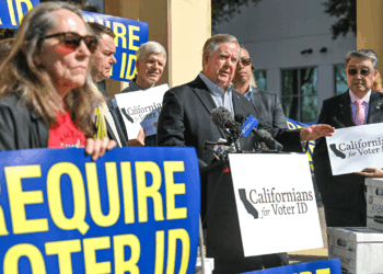Congressman Ken Calvert speaks to an audience about requiring voter ID in California.