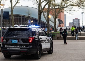 Police arrive at the encampment as pro-Palestinian students protest at the Massachusetts Institute of Technology in Cambridge, Massachusetts, on May 1, 2024.