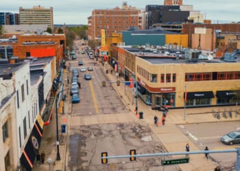 An aerial view of Downtown Ann Arbor, Michigan.