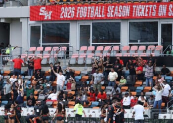 A view of the ribbon displaying Sam Houston State University is shown during the game between the Houston Gamblers and the Columbus Aviators at Shell Energy Stadium on April 26, 2026, in Houston, Texas.
