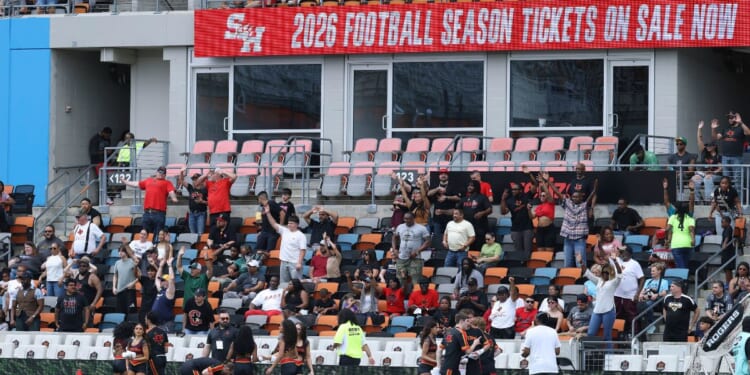 A view of the ribbon displaying Sam Houston State University is shown during the game between the Houston Gamblers and the Columbus Aviators at Shell Energy Stadium on April 26, 2026, in Houston, Texas.