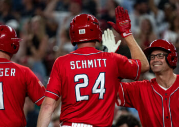 Rep. August Pfluger (R-TX) and Sen. Eric Schmitt (R-MO) celebrate with Rep. Jake Ellzey (R-TX) during the Congressional Baseball Game for Charity at National's Park on June 12, 2024 in Washington, DC.