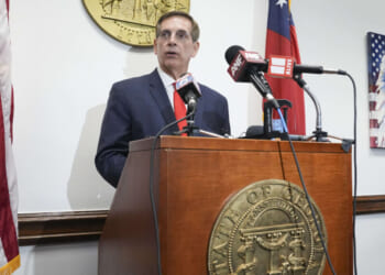 Georgia secretary of state and gubernatorial candidate Brad Raffensperger speaks to members of the media on prima election day on May 19 in Atlanta. (Megan Varner/Getty Images)